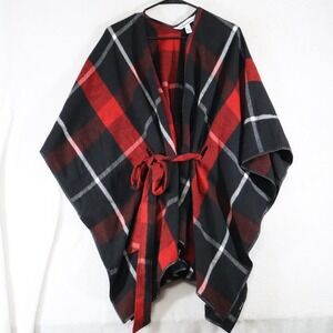 Tantrums Plaid Ruana Wrap Poncho One Size Black Red Faux Leather Trim Belted